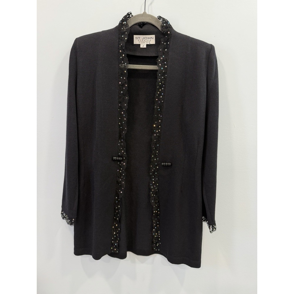 St John Evening Marie Gray Black Sequin Trim Open Front Jacket Blazer Sz 2